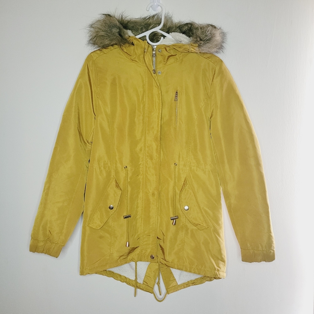 Ambiance Outerwear Anorak Jacket Women's Small Mustard Faux Sherpa Detachable